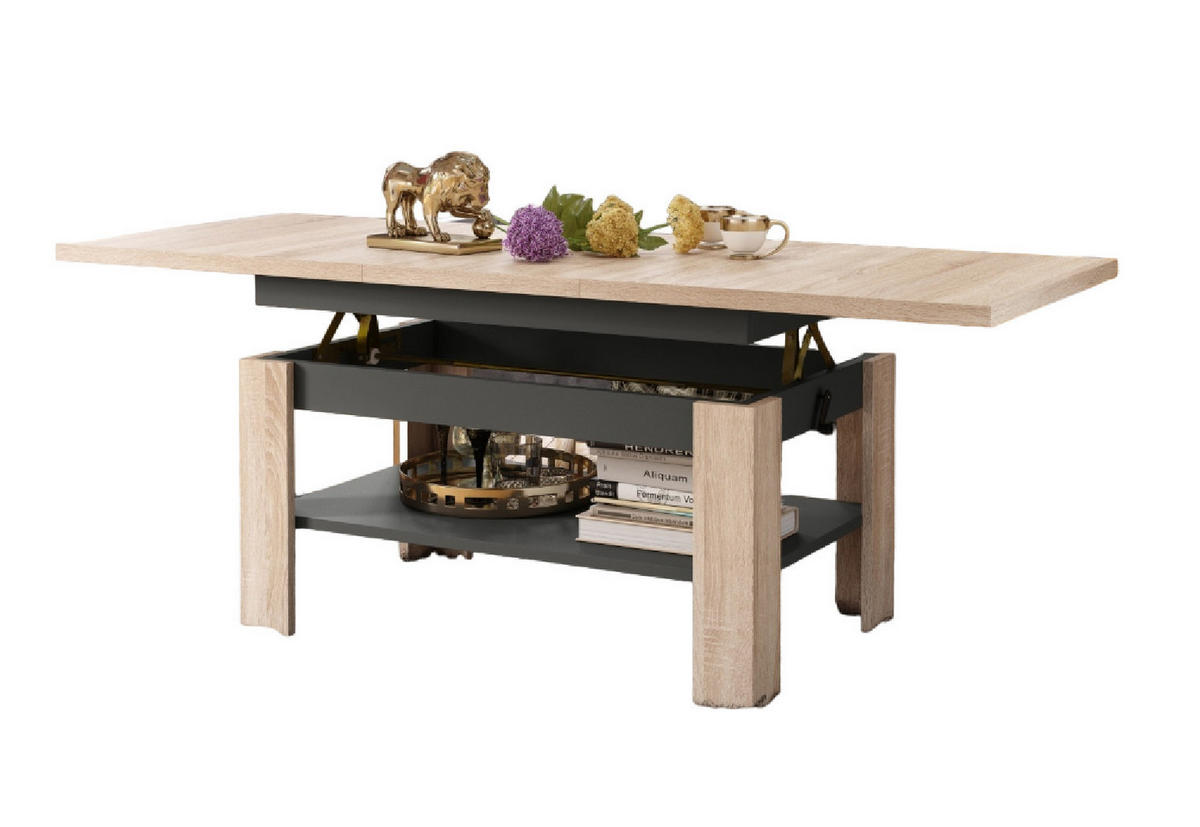COUCHTISCH rechteckig Sonoma Eiche - Anthrazit ausziehbar höhenverstellbar - Anthrazit/Sonoma Eiche, Holzwerkstoff (65/130/58cm) - designimpex