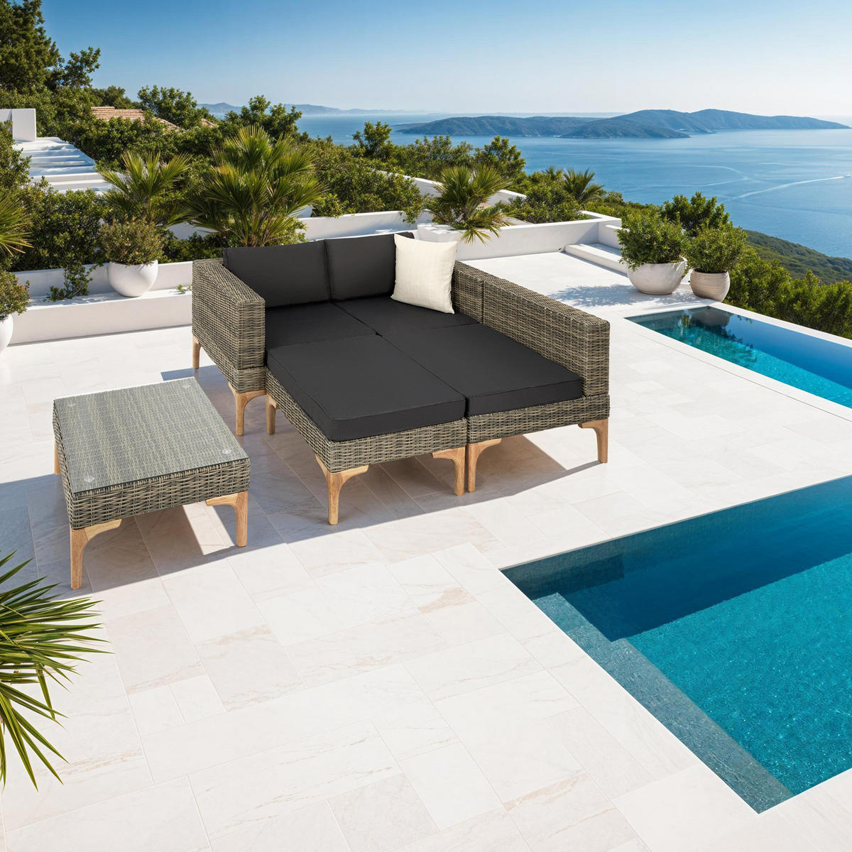 RATTANLOUNGE Konstanza, mit Sicherheitsglasplatte, natur - Naturfarben, Kunststoff/Metall - tectake