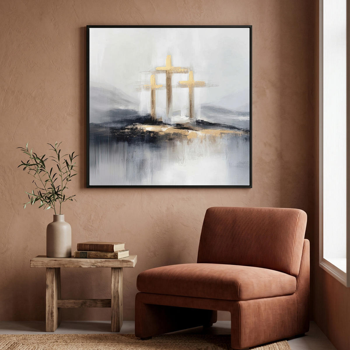 LEINWAND Bilder mit Rahmen - Abstrakt - Malerei - Christentum - Kreuz - 90x90 - Weiß, Textil (90/90cm) - MuchoWow