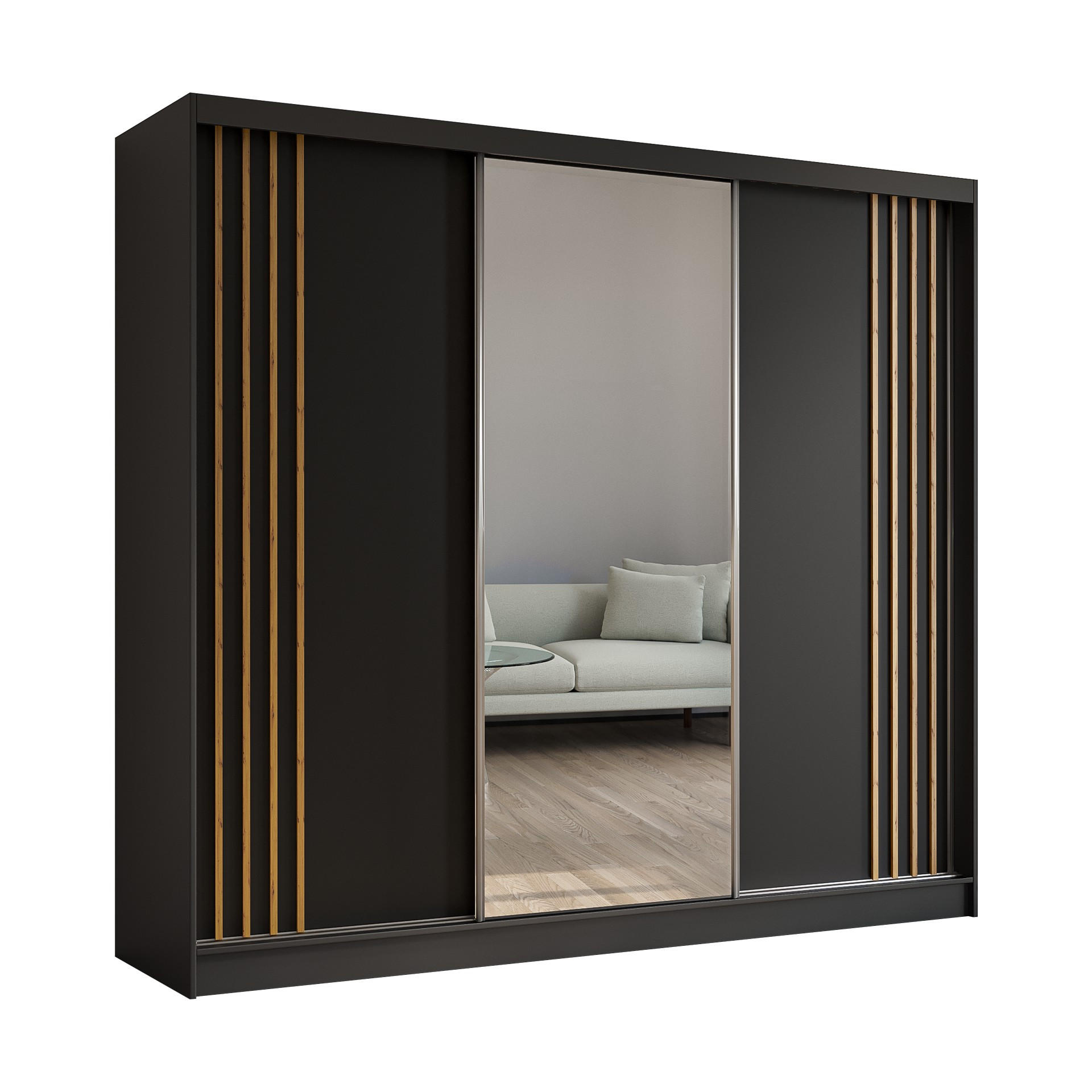 SCHWEBETÜRENSCHRANK Neli 240 cm mit Lamellen und Spiegel 3-türig, schwarz, schwarz, Lamelle Artisan - Schwarz/Eiche Artisan, Kunststoff (240/216/61cm) - Margaret Hadas24