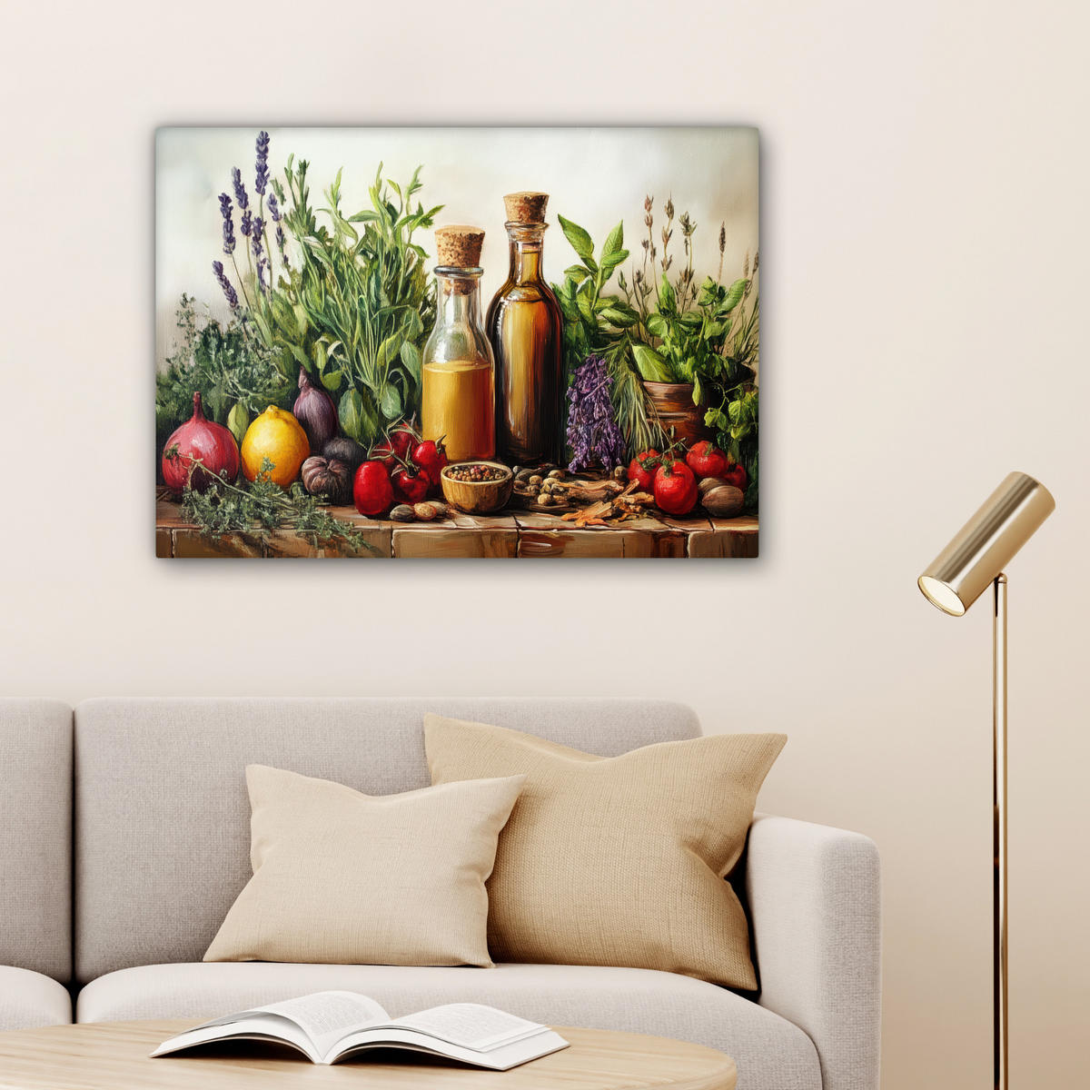 LEINWANDBILD Stilleben - Kräuter - Gewürze - Früchte - Farbenfroh Wandbilder 80x60 cm - Grün, Textil (80/60cm) - MuchoWow