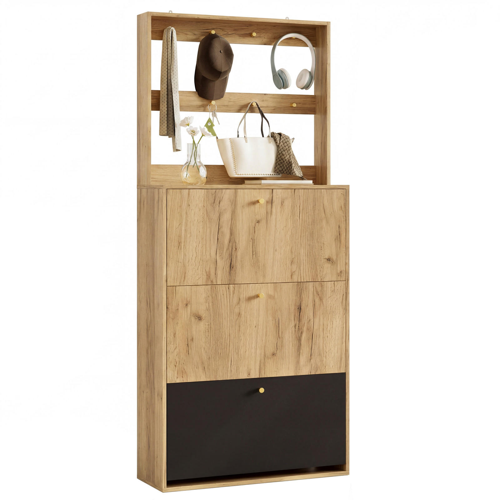 SCHUHSCHRANK Holzoptik Schwarz mit Haken, Schuhkipper mit 3 Klappen für Flur - Naturfarben, Holz (75/180/24cm) - PARAFTA HOME