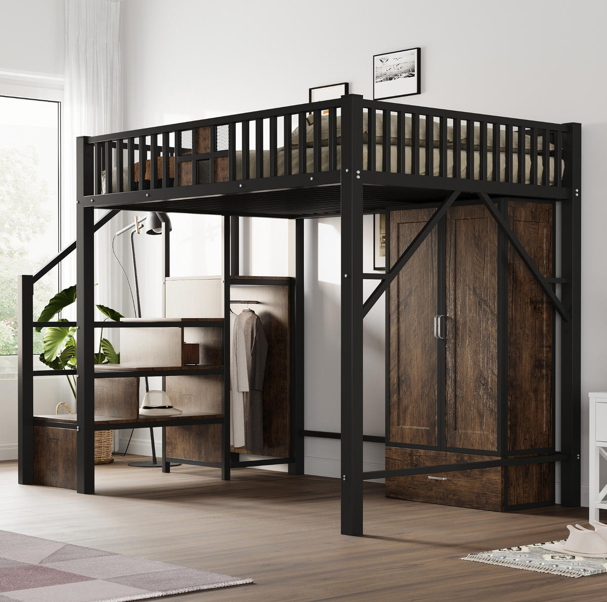 HOCHBETT 140/200 cm in Schwarz mit Kleiderschrank und Aufbewahrungsleiter - Schwarz, Metall (140/200cm) - Flora Grace