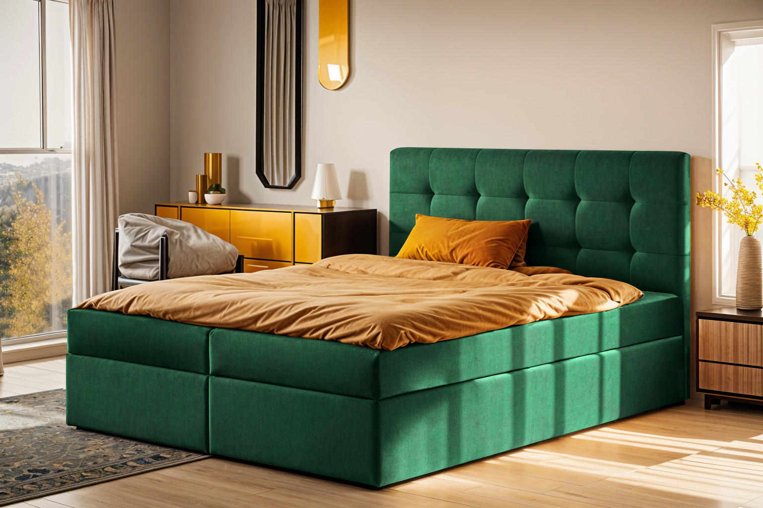BOXBETT Mit Matratze Und Bettkasten LUDANO Stoff Noel Grün 120x200 cm H3-Bonell - Grün, Holz (120/200cm) - Kaiser Möbel