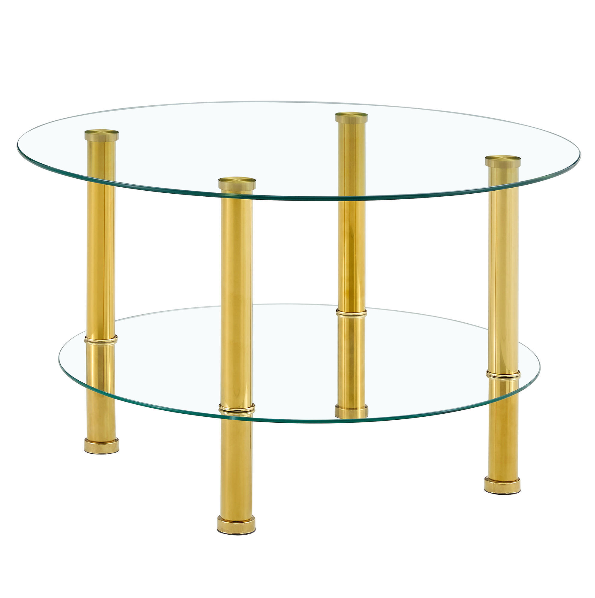 KONFERENČNÍ stolek ze skla a kovu, Ø 70/60/42 cm zlatá/transparentní, dvouúrovňový - zlatá, sklo (70/70/42cm) - BEAOK