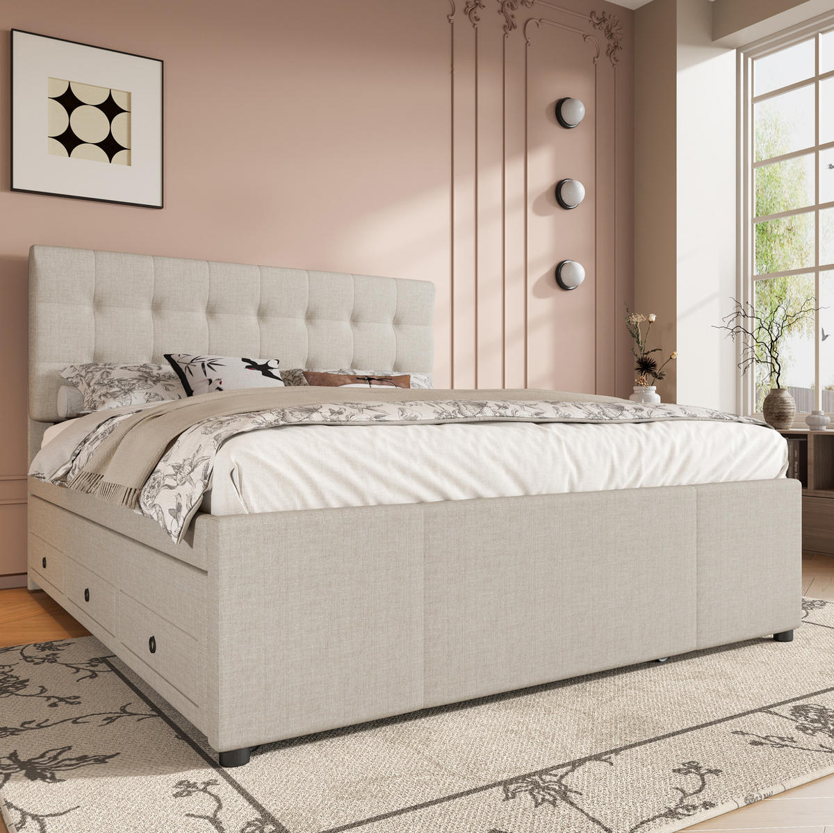 BETT mit Ausziehbett und 3 Schubladen 140x200 cm Leinen Beige - Beige, Holz (140/200cm) - Meubliv