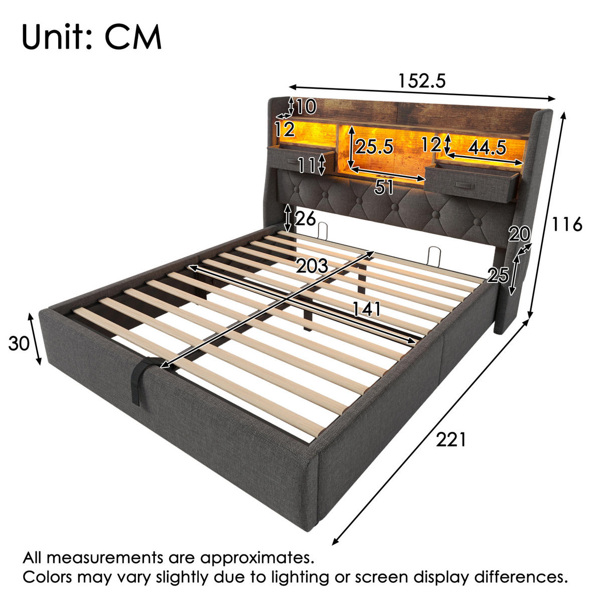 POLSTERBETT 140/200 cm mit LED-Beleuchtung, Ladestation und hydraulischem Stauraum und Matratze, Grau - Grau, Textil (140/200cm) - Redom