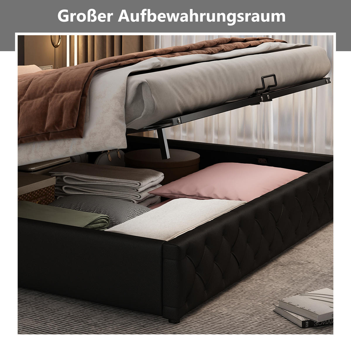 POLSTERBETT 140/190 cm mit LED-Beleuchtung, hydraulischem Bettkasten und Lattenrost, PU, Schwarz - Schwarz, Kunststoff (140/190cm) - Redom