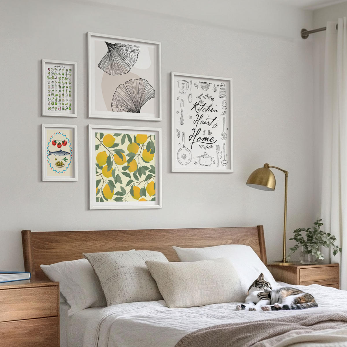 BILDER SET 5er Set - 50x50 cm & 20x30 cm & 40x60 cm Weißer Rahmen - Küchenkräuter-Zitronen-Malerei - Weiß, Kunststoff (40/60cm) - TULUP