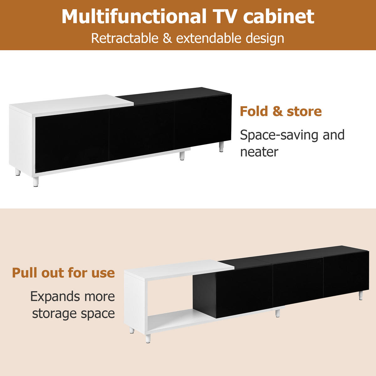 TV-SCHRANK Schwarz/Weiß 258/38/48,5 cm, Ausziehbar, 3 Hochglanz-Türen, Metallfüße - Schwarz, Holzwerkstoff (258/48.5/38cm) - PANGIVO