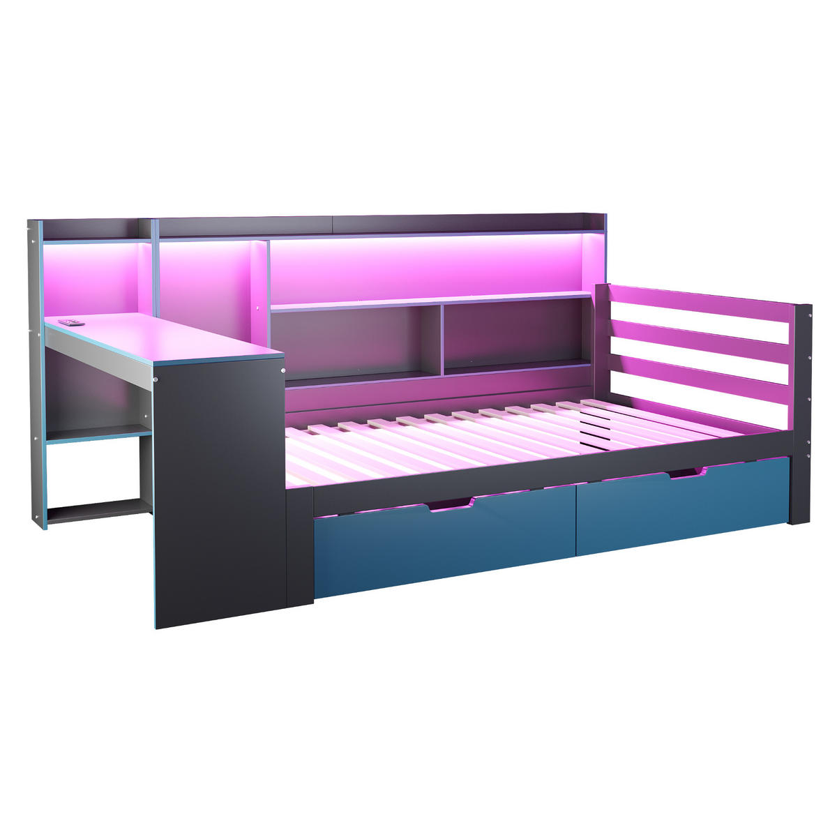 KINDERBETT 90/200 cm DE-01551, in Schwarz + Blau, mit Schreibtisch, Bücherregal und LED - Blau, Holz (90/200cm) - ComfortXL