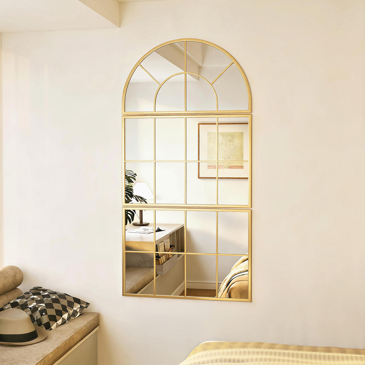 WANDSPIEGEL DE-14325 3-teilig, Fenster-Design Gold - Goldfarben, Glas (76/150/2cm) - ComfortXL