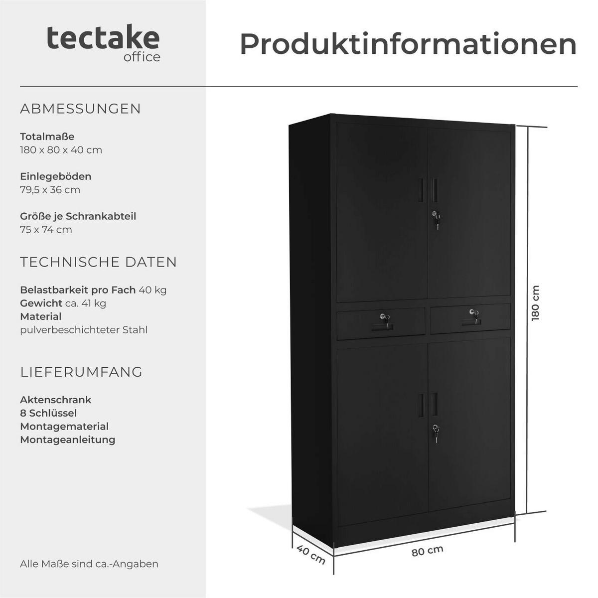 AKTENSCHRANK ,180 x 80 x 40 cm,schwarz/schwarz - Schwarz, Metall (40/180/80cm) - tectake