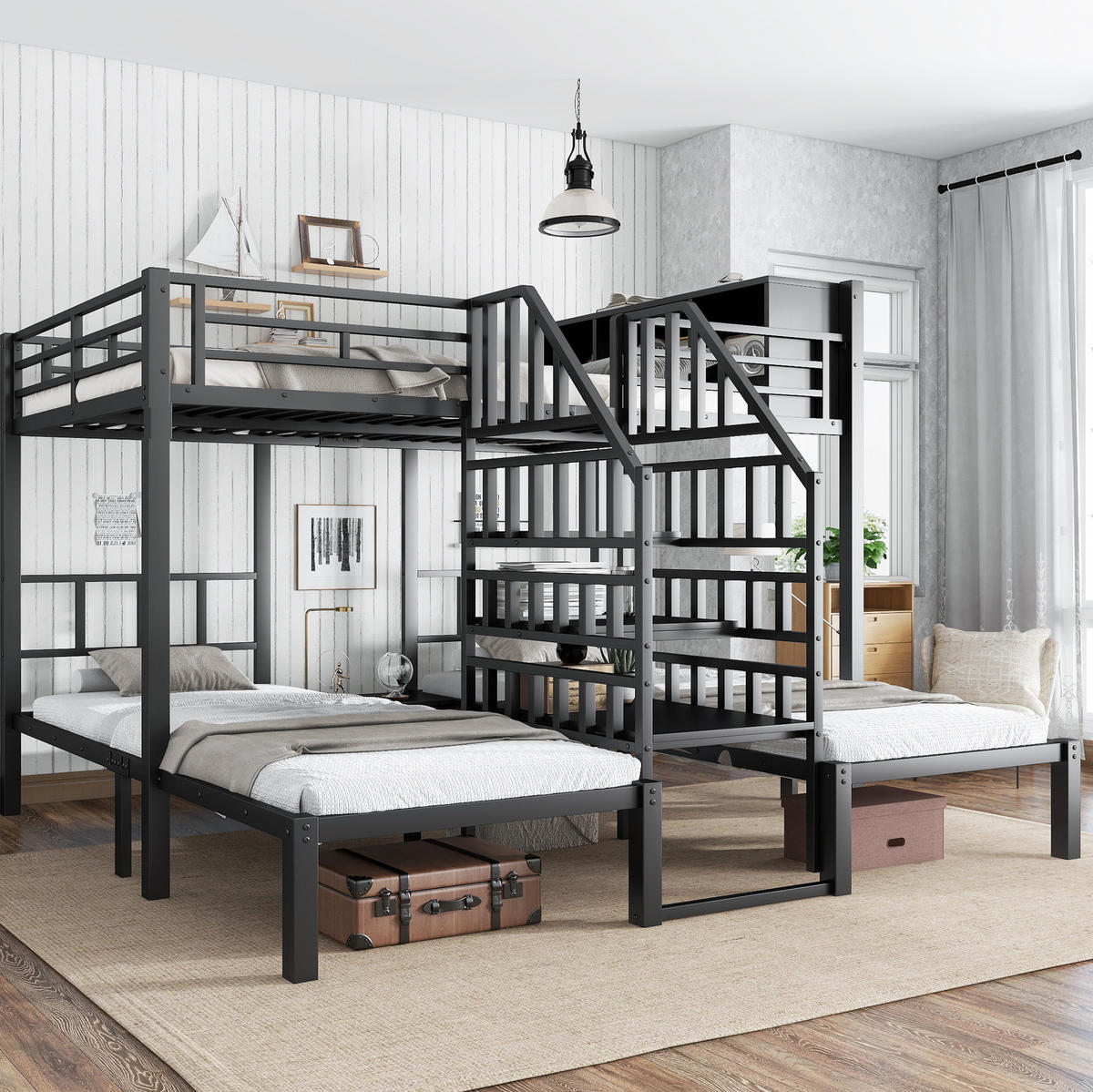 ETAGENBETT 90/200 & 140/200 cm in Schwarz mit Treppe und Stauraum - Schwarz, Metall (90/200cm) - OKMYHOME