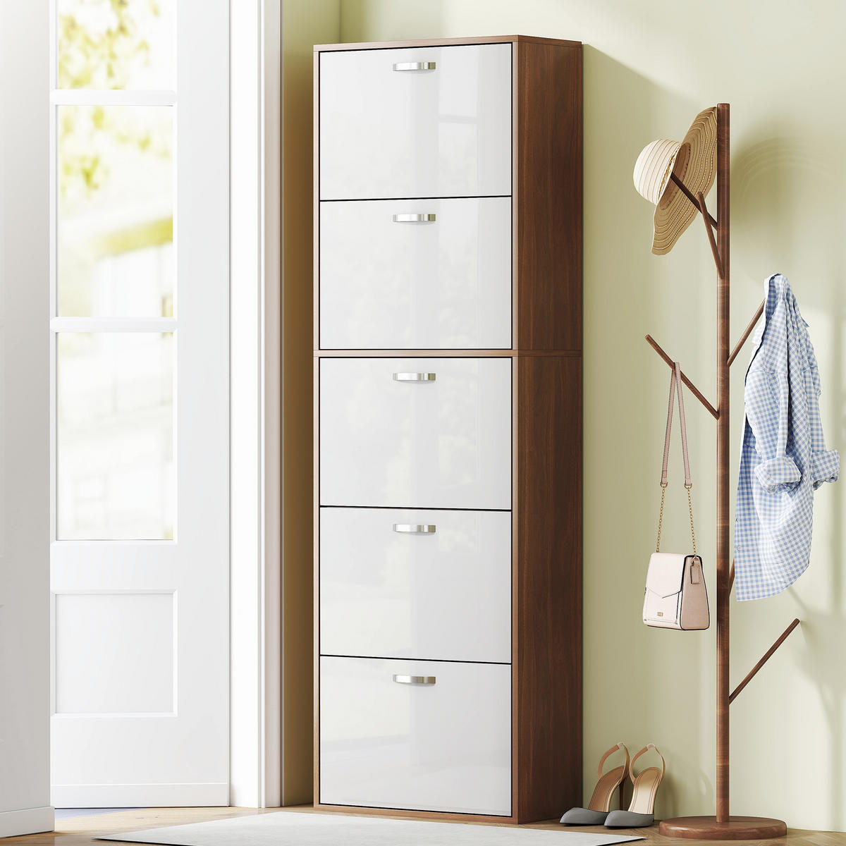SCHUHSCHRANK Weiß Dunkelbraun MDF klappbar mit 5 Fächern 1 Stück - Braun, Holz (60/189/28cm) - PANGIVO