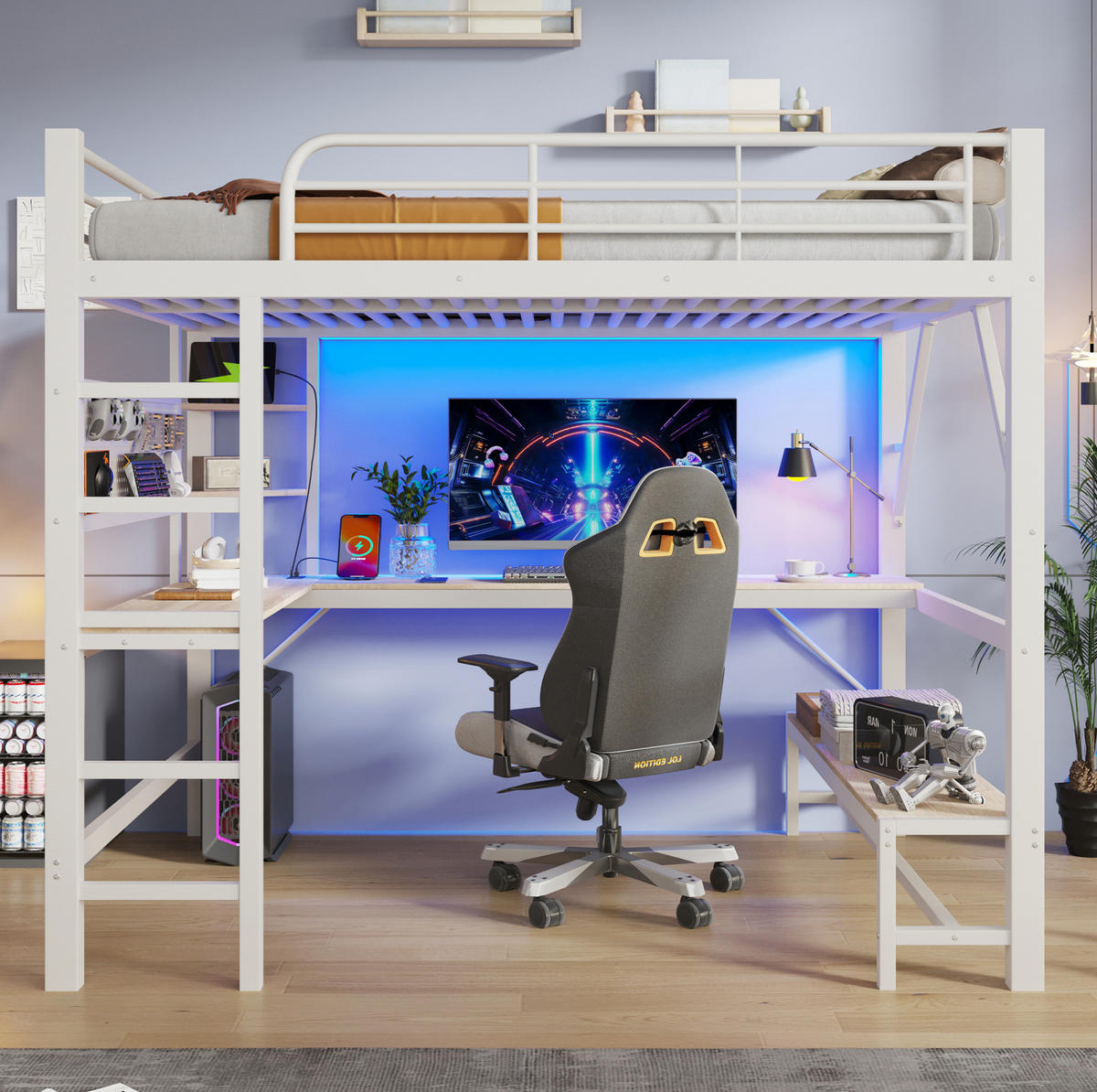 HOCHBETT aus Metall und MDF 160x200 cm Weiß mit Schreibtisch, LED-Leiste und USB-Type-C-Anschluss - Weiß, Metall (160/200cm) - Modfu