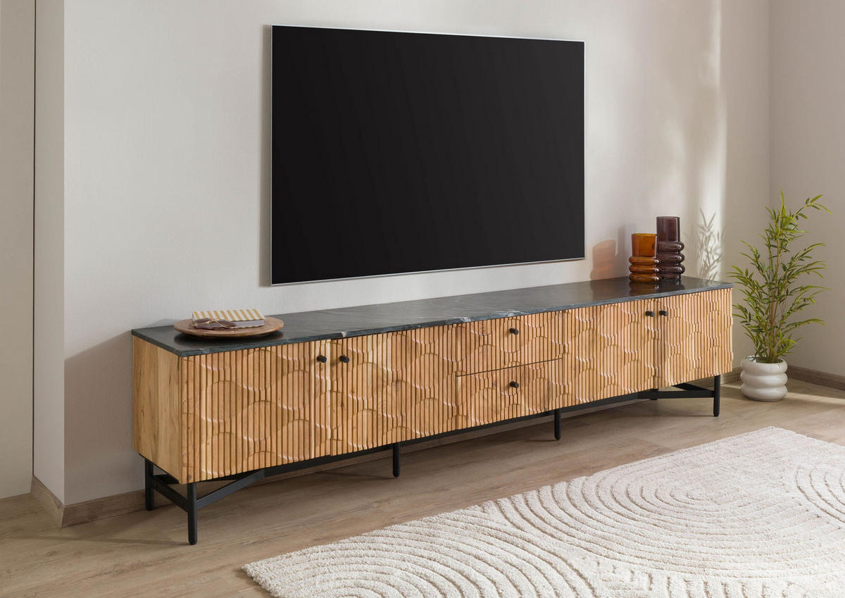 TV-BOARD Akazie 240x40x55 natur lackiert / Marmor schwarz LONDON #107 - Naturfarben, Holz (40/55/240cm) - Massivmoebel24