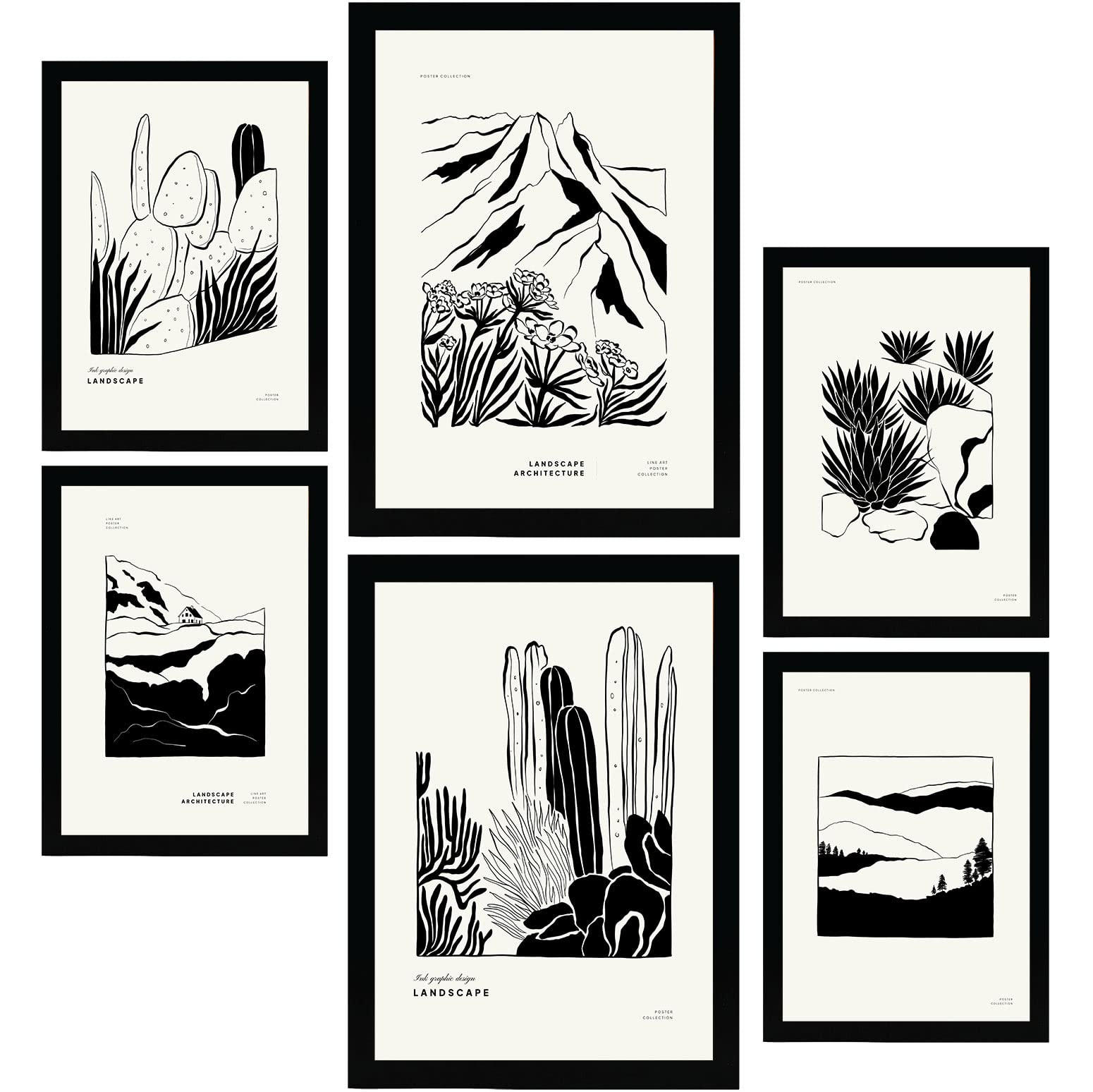 POSTER Set Mit 6 In Schwarzer Tinte Ecken Künstlerische Und Abstrakte Drucke Für Innenarchitektur A3 & A4 Schwarzer Rahmen - Schwarz, Papier (29/3cm) - Nacnic