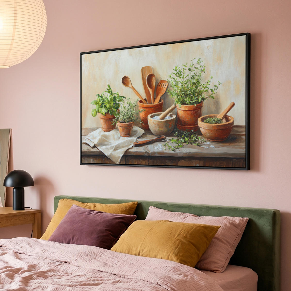 LEINWAND Bilder mit Rahmen - Töpfe - Kräuter - Holz - 150x100 - Terracotta, Textil (150/100cm) - MuchoWow