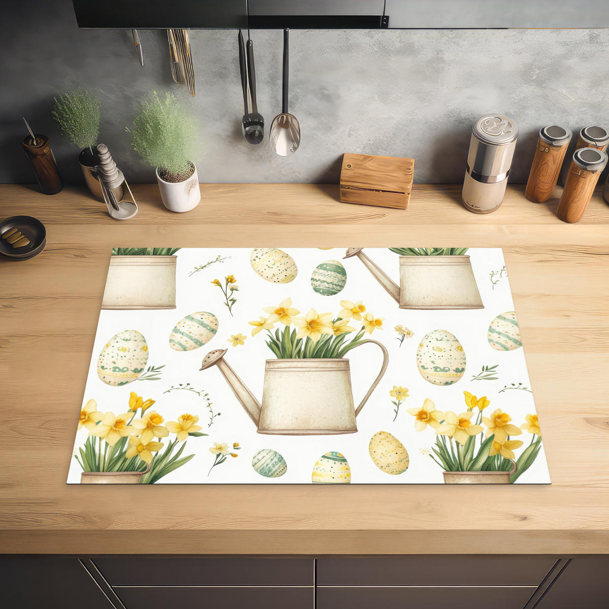 HERDABDECKPLATTE Gießkanne - Blumen - Eier Herdabdeckung Induktionsfeld 75x52 cm - Weiß, Kunststoff (75/52/0.2cm) - MuchoWow