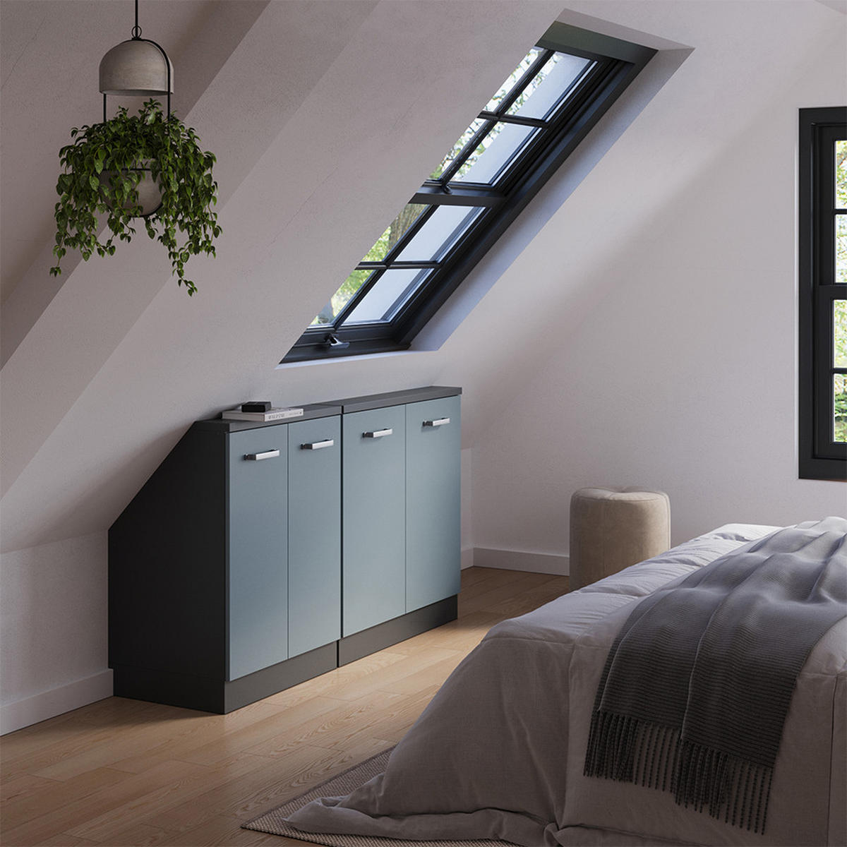 KUCHYŇSKÁ SKŘÍŇKA POD ŠIKMOU STŘECHU R-Line Modrošedá/antracitová - antracitová/šedohnědá, kompozitní dřevo (140/81.6/46cm) - Vicco