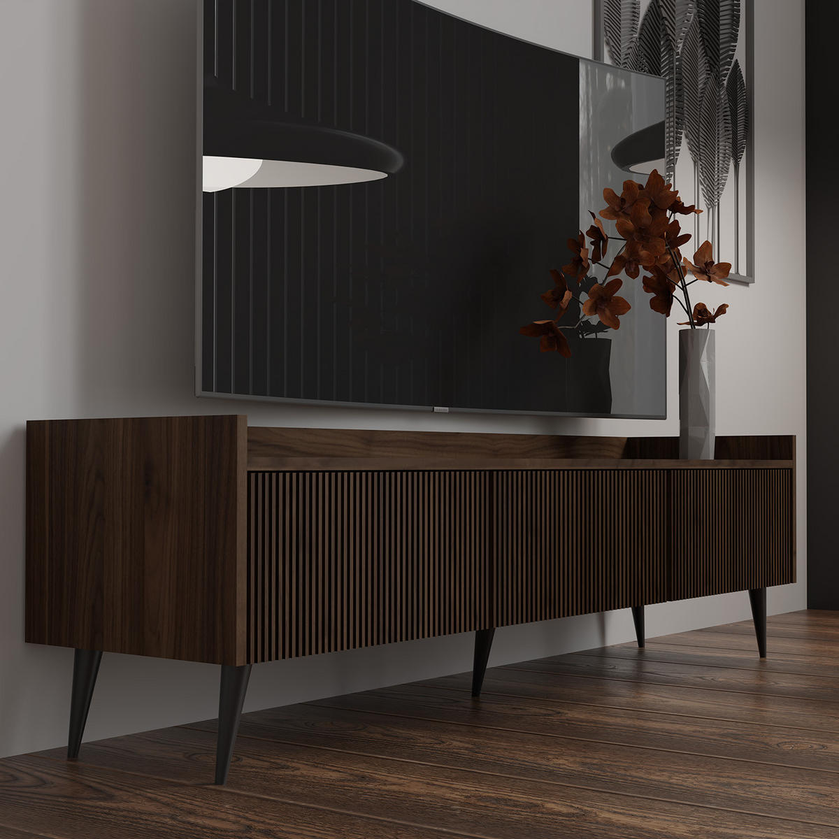 LOWBOARD Amfali mit 3 Klapptüren, geriffelte Fronten, Push-to-open, Metallbeine, 150 cm, Walnussfarben - Walnussfarben/Schwarz, Holzwerkstoff/Metall (150/45/41cm) - Beautysofa
