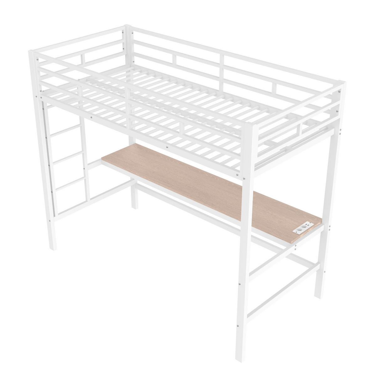 HOCHBETT aus Metall und MDF 90x200 cm Weiß mit Schreibtisch, LED-Lichtleiste, USB, Typ-C und Steckdose - Weiß, Metall (90/200cm) - Modfu