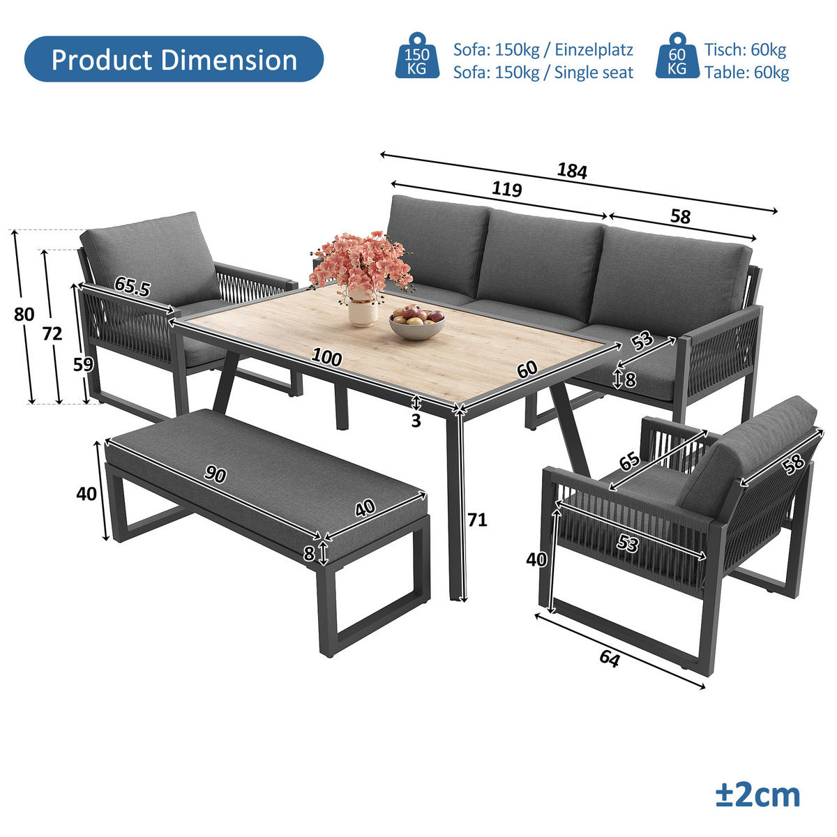 GARTENSET 6-7 Sitzer Grau Mit Großem Esstisch - Grau, Metall - FLIEKS