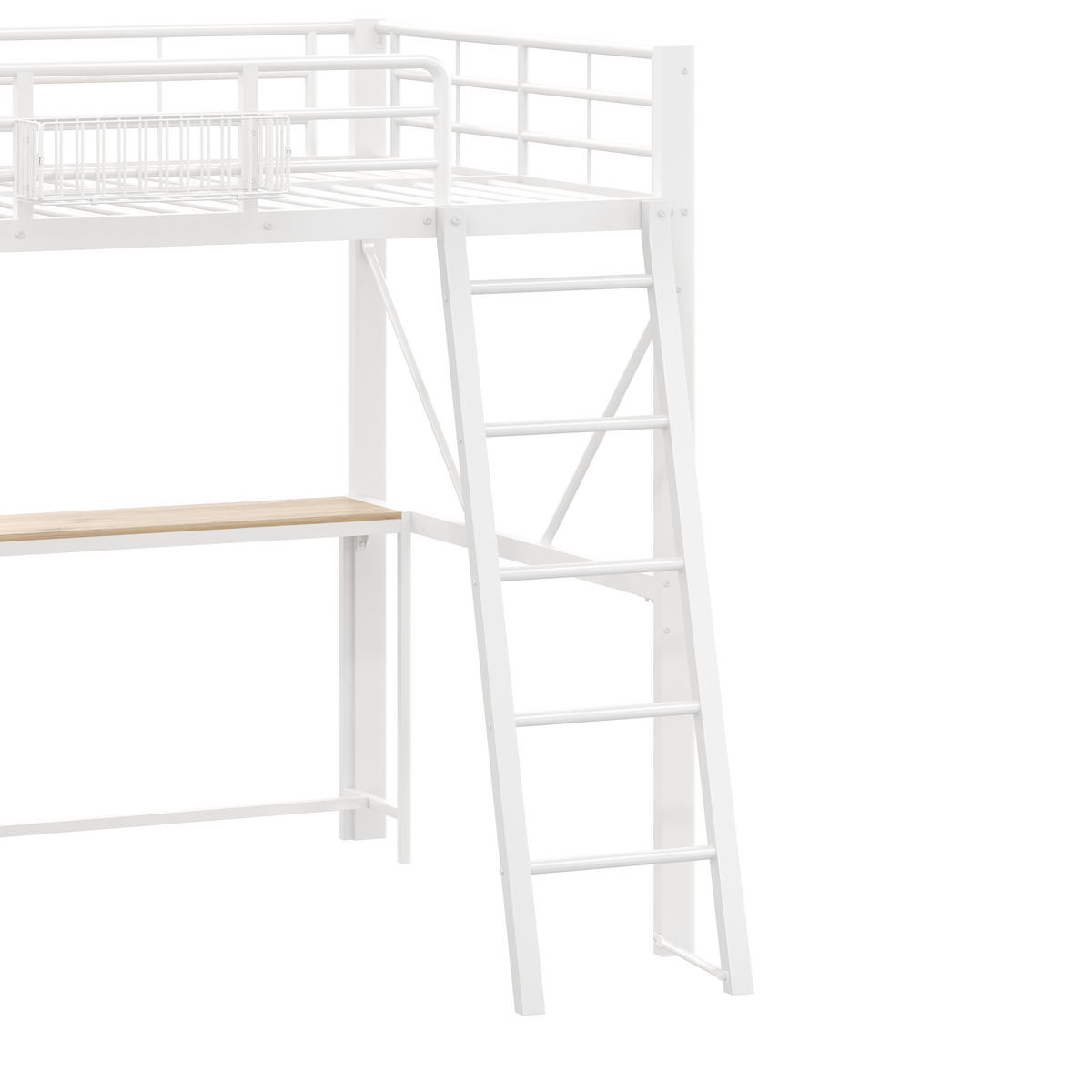 HOCHBETT 140/200 cm in Weiß mit integriertem Schreibtisch, 4-stöckigem Regal, LED und Ladestation aus Metall und MDF - Weiß, Holzwerkstoff/Metall (140/200cm) - STILVORA