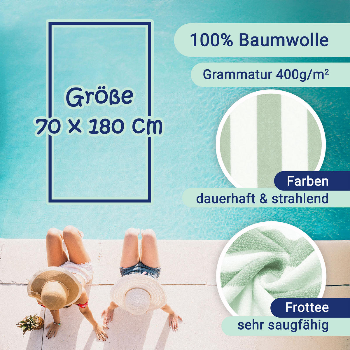 STRANDTUCH, 2er-Set, 70x180 cm, 100% Baumwolle - Salbeigrün, Textil (70/180cm) - Zollner