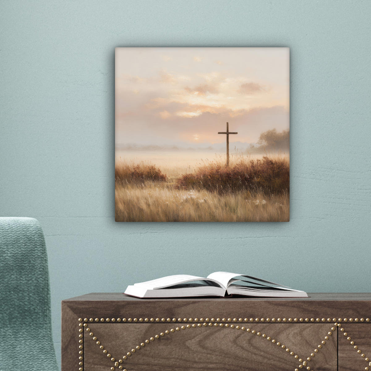 LEINWANDBILD Gras - Morgennebel - Kreuz - Christentum Deko Wohnzimmer 20x20 cm - Beige, Textil (20/20cm) - MuchoWow