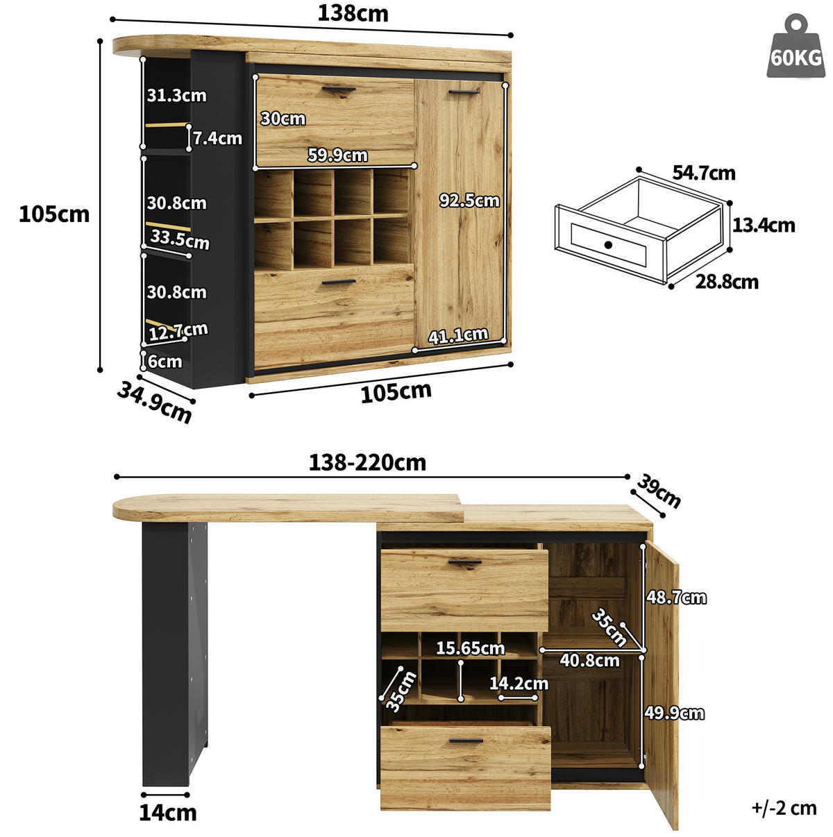 ESSTISCH 138-220/39/105 cm ausziehbar mit 2 Schubladen, Weinregal und offenen Fächern, Holzfarben - Naturfarben, Holzwerkstoff (138/39/105cm) - Redom