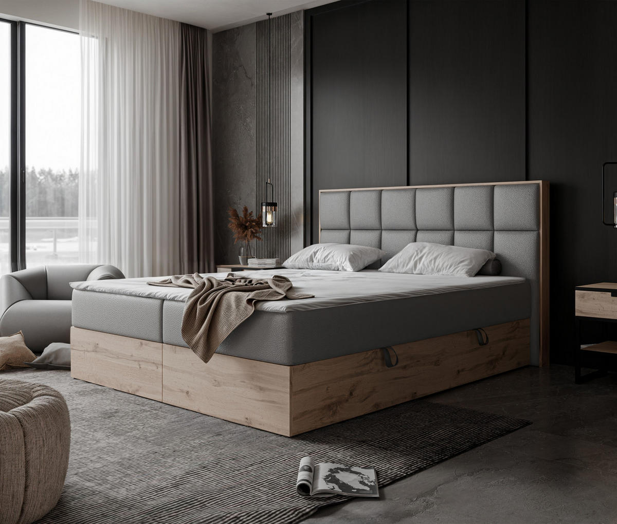 BOXBETT LAVIO II 160/200 cm, in Grau, mit Matratze und Topper - Grau, Holzwerkstoff/Textil (160/200cm) - Idohome
