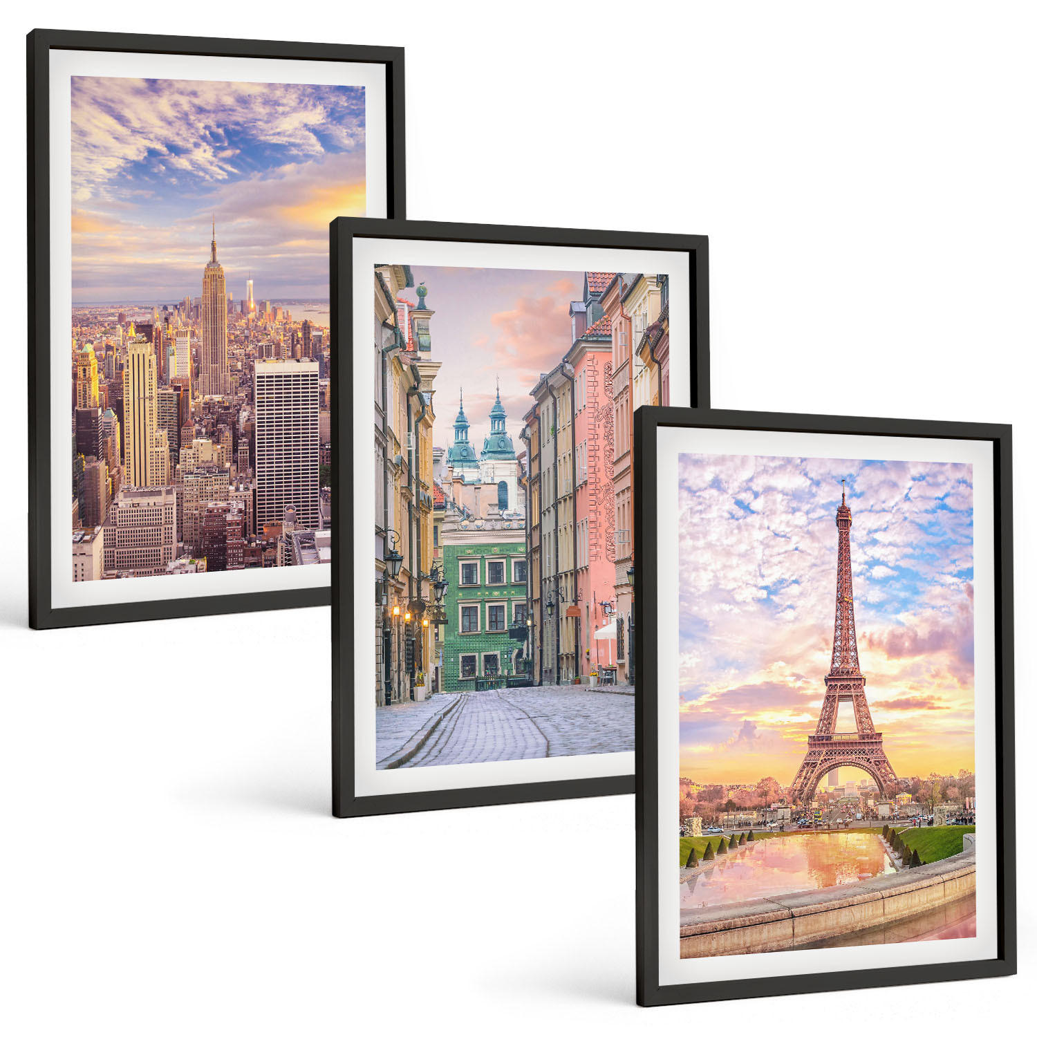 BILDER SET 3er Set - 40x60 cm Schwarzer Rahmen - Städte New York Paris Dämmerung - Schwarz, Kunststoff (40/60cm) - TULUP