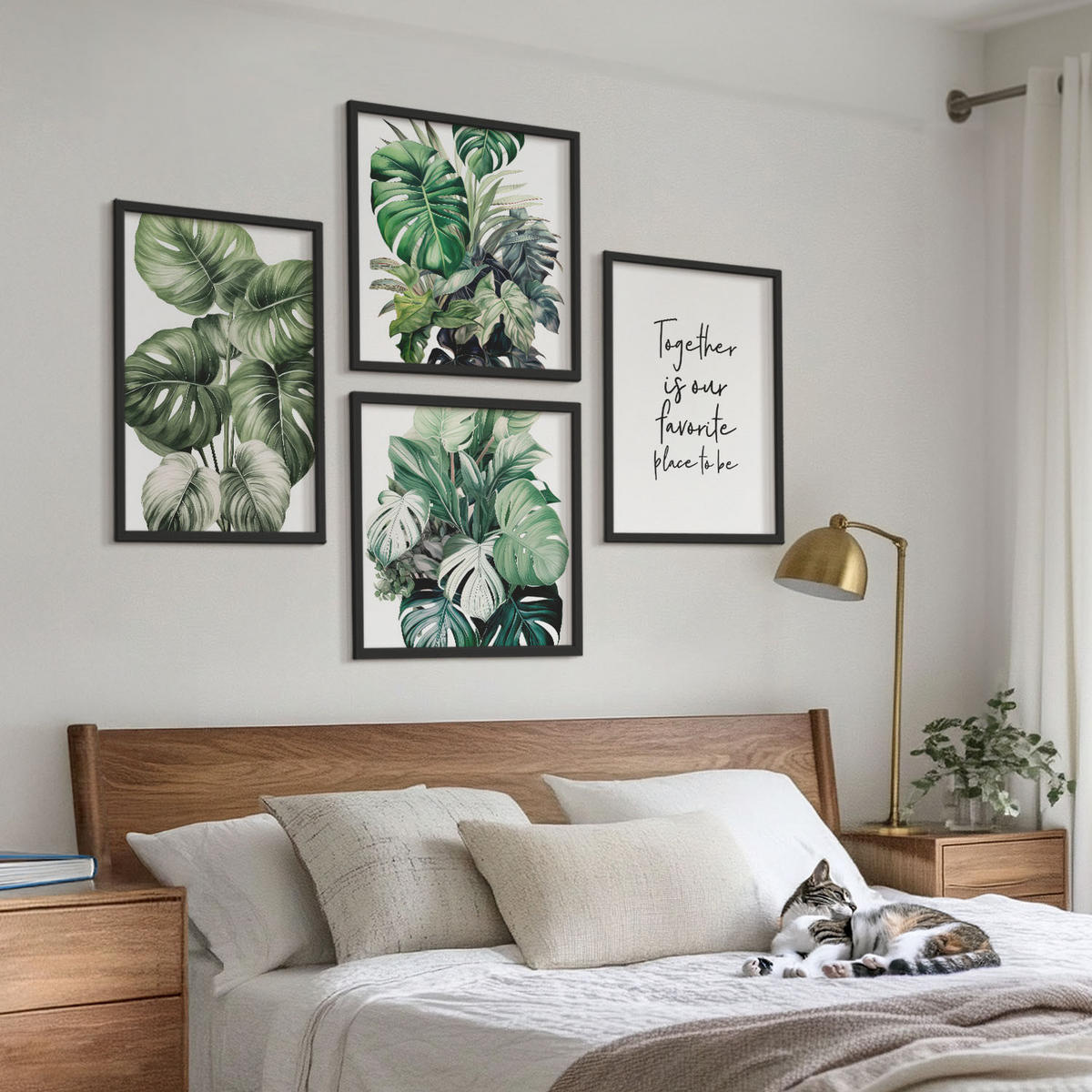 WANDBILDER 4er-Set - 50x50 cm & 40x60 cm Schwarzer Rahmen - Dekoration aus grünen tropischen Blättern - Schwarz, Kunststoff (50/50cm) - ArtPrintCave