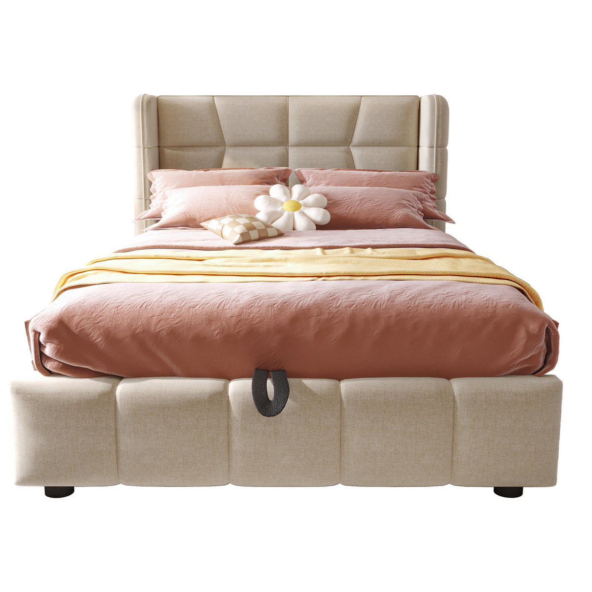 POLSTERBETT 90/200 cm beige aus Stoff mit Stauraum und Hebemechanismus - Beige, Textil (90/200cm) - OKWISH