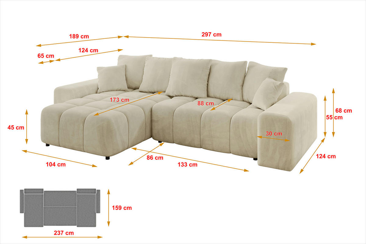 ECKSOFA Ottomane links/rechts ENIL-L 297x189x68 Beige Velours - Beige, Holzwerkstoff/Kunststoff (297/189cm) - ALTDECOR