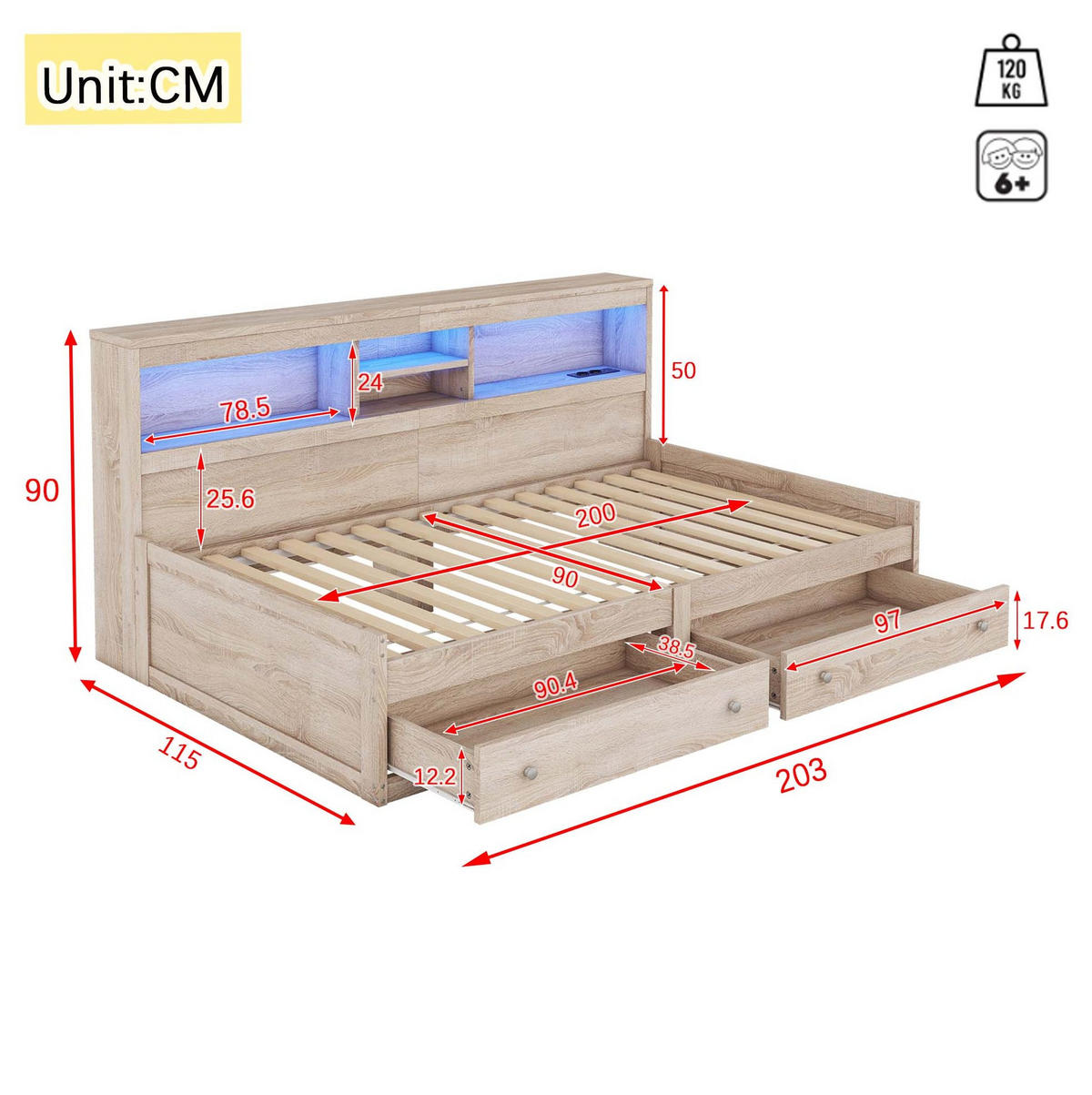 TAGESBETT 90/200 cm Natur aus Spanplatte und MDF mit LED-Ambientebeleuchtung und USB-Ladefunktion - Naturfarben, Holzwerkstoff (90/200cm) - OKMYHOME