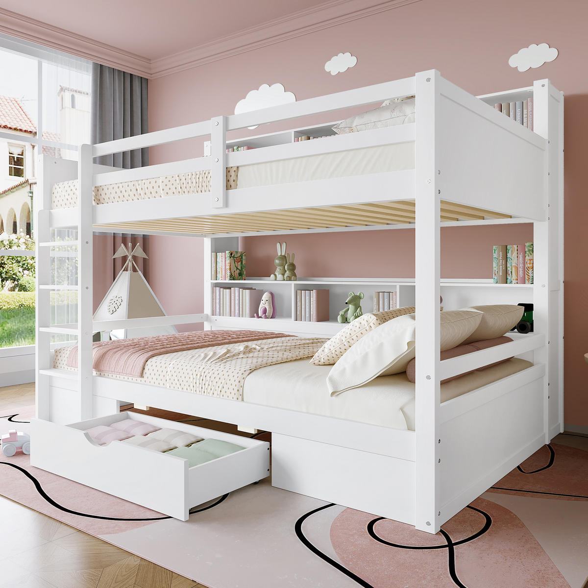 ETAGENBETT 90x200cm + 90x200cm Weiß mit Schubladen Staufächer - Weiß, Holz (90/200cm) - FLIEKS