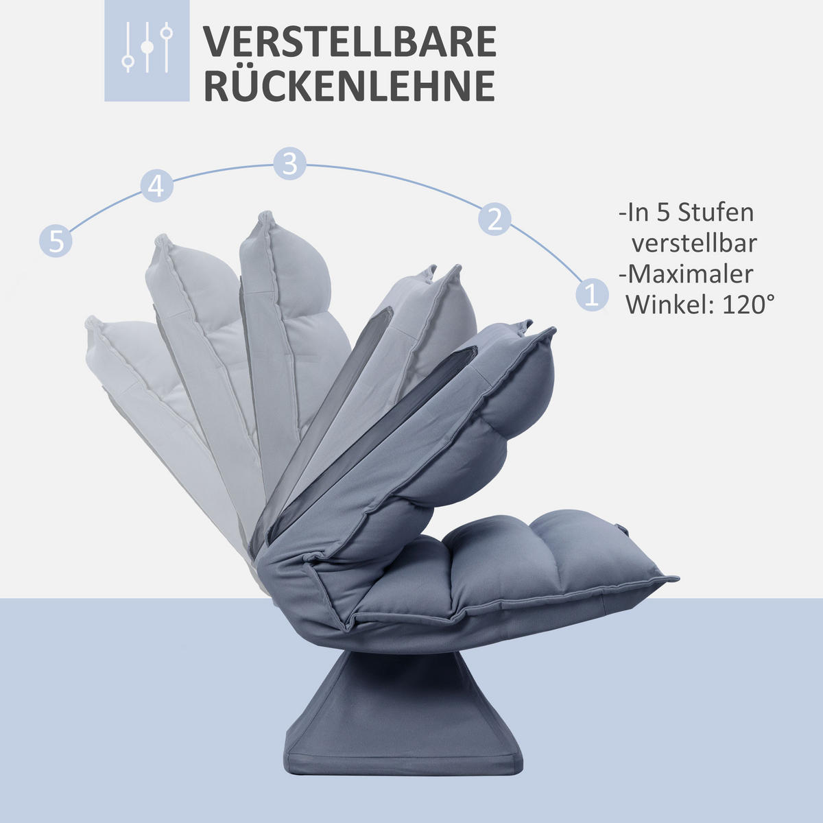 BODENSOFA Bodenstuhl mit Verstellbarer Lehne, Drehbarer Meditationsstuhl Grau - Grau, Metall (70/95/62cm) - HOMCOM