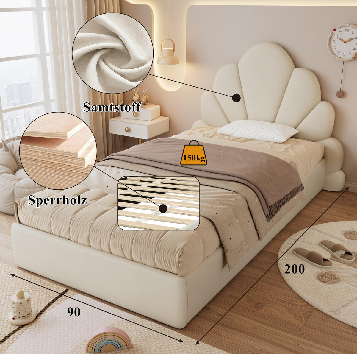 POLSTERBETT 90/200 cm Beige mit Blütenkopfteil aus Samt - Beige, Textil (90/200cm) - OKWISH