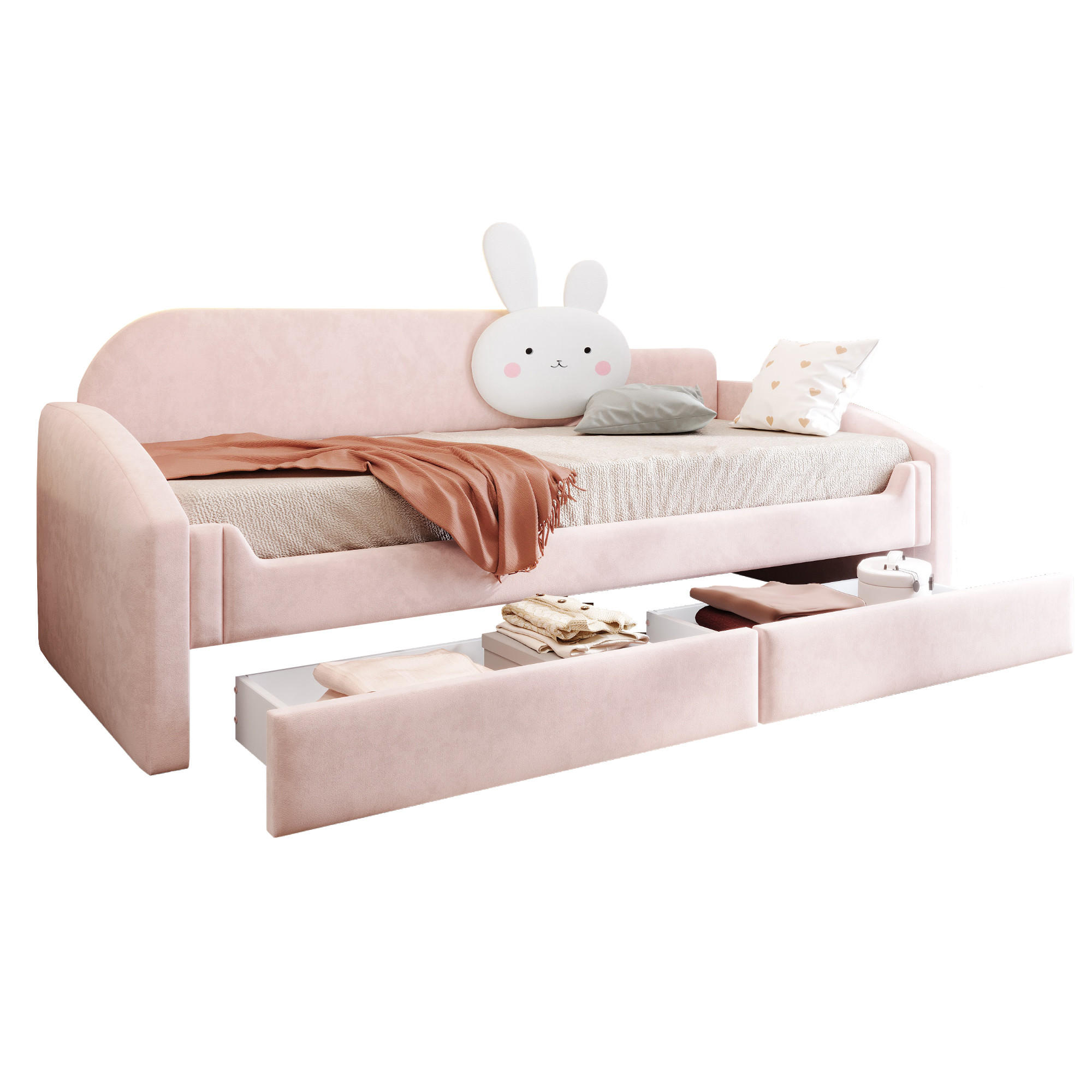 KINDERBETT 90/200 cm in Rosa mit 2 Schubladen, LED und Samt - Rosa, Holzwerkstoff/Textil - STILVORA
