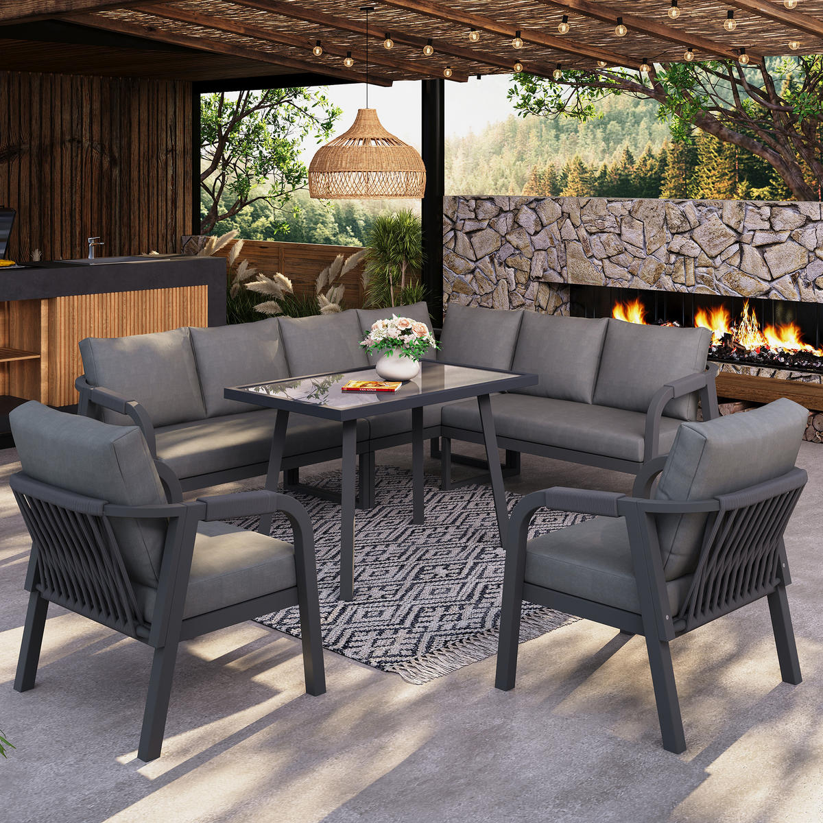 GARTEN-ESSGRUPPE 8 Personen Ecksofa Esstisch Sessel Grau - Grau, Textil - FLIEKS