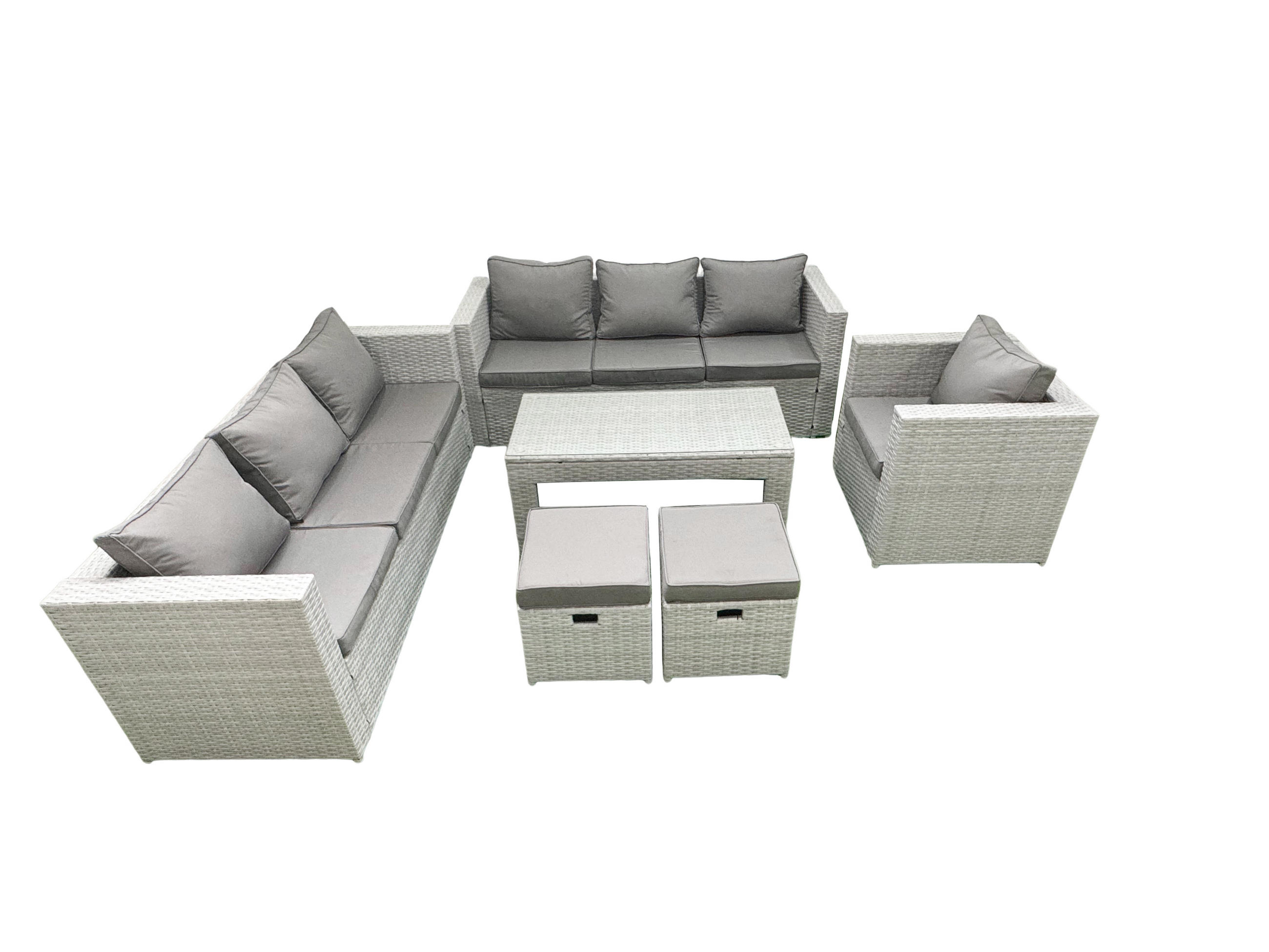 GARTENSOFA hohe Rückenlehne Polyrattan Hellgrau-Mix 9-Sitzer - Hellgrau/Grau, Glas/Kunststoff - Fimous