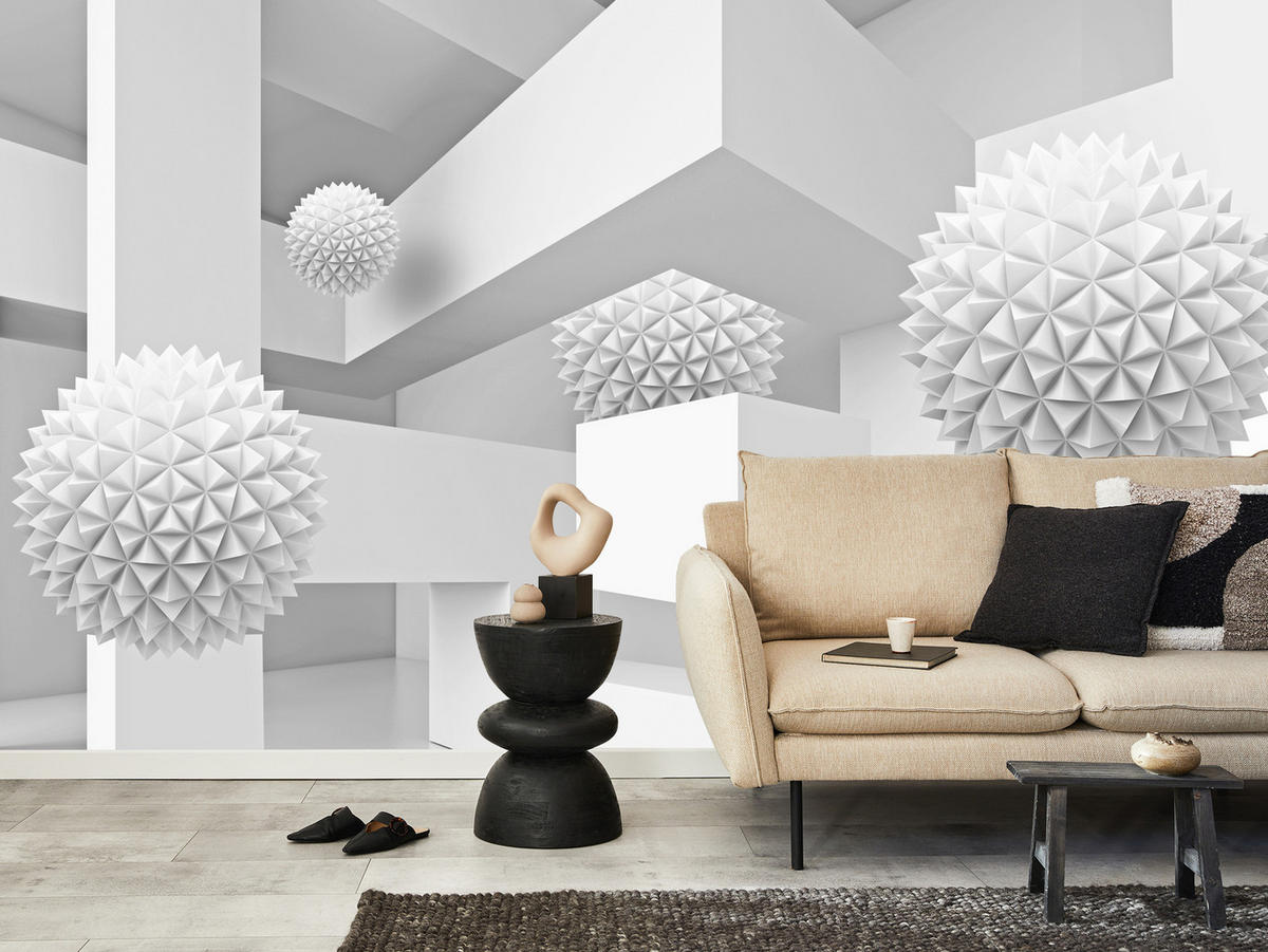 FOTOTAPETE für Wohnzimmer Abstrakte Kugeln Geometrie Illusion 350x256 - Weiß/Grau, Papier (350/256cm) - Muralo
