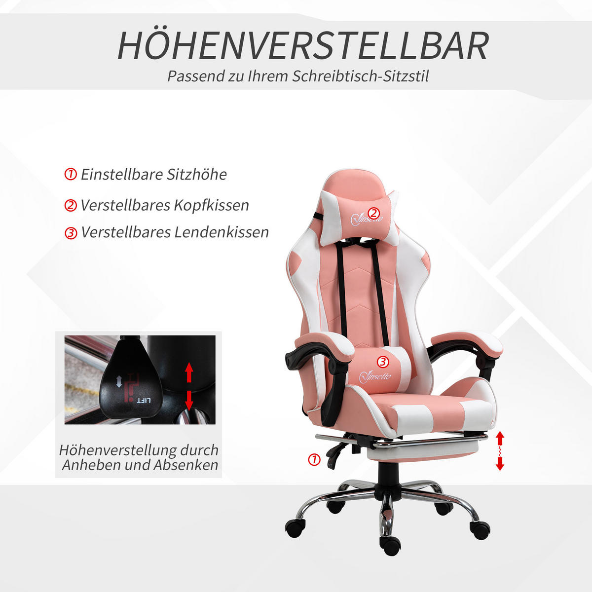 GAMINGSTUHL, Kunstleder, PVC, Rosa+Weiß - Multicolor, Kunststoff (67/127/64cm) - Vinsetto