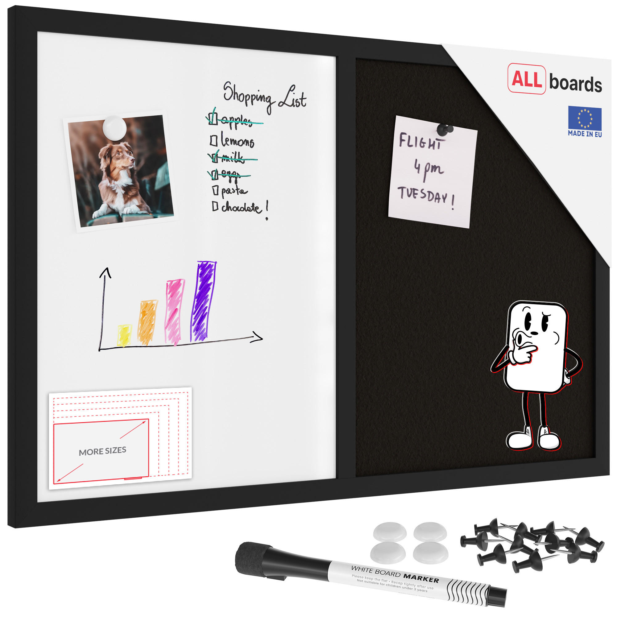 KOMBITAFEL 2 in 1 Whiteboard und Kork 60x40 mit schwarz lackietem Holzrahmen - Schwarz/Weiß, Holz (60/40/0.7cm) - ALLboards