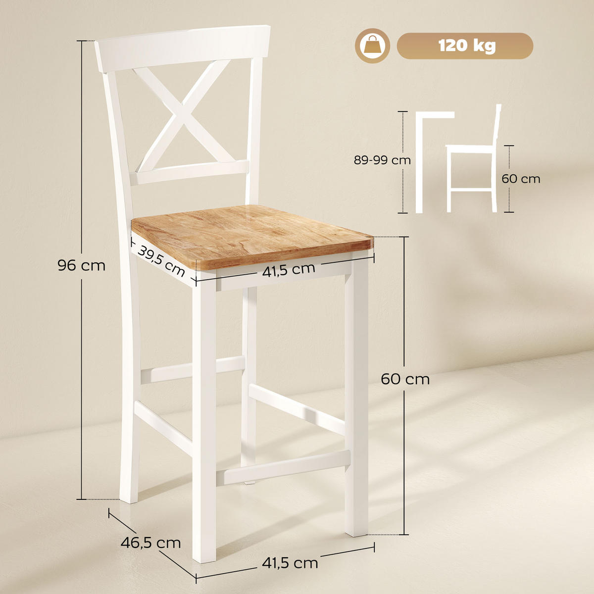 BARHOCKER 2er Set Barstuhl Küchenstühle mit Rückenlehne und Fußstütze Eiche - Eichefarben/Multicolor, Holz (41.5/96/46.5cm) - HOMCOM