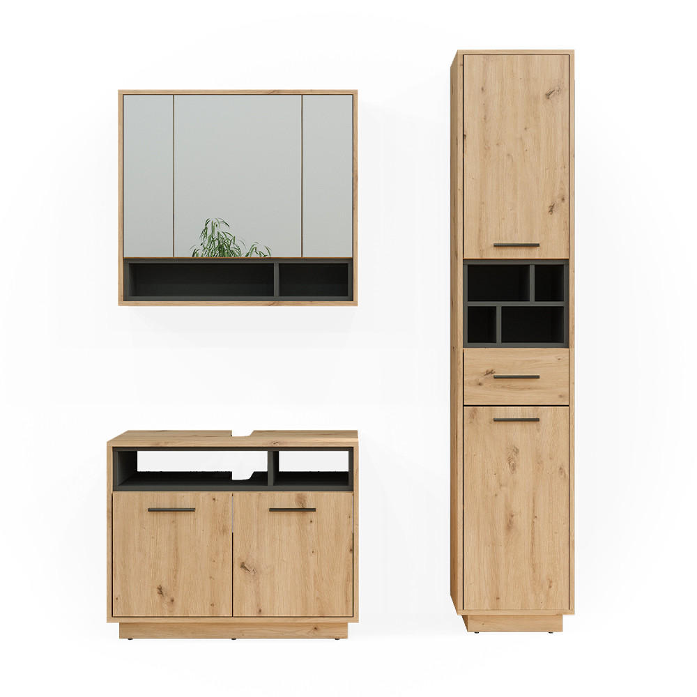 BADMÖBEL-SET Beatrice Artisan-Eiche 3 Teile, mit Hochschrank - Anthrazit/Eiche Artisan, Holzwerkstoff (80/64/40cm) - Vicco