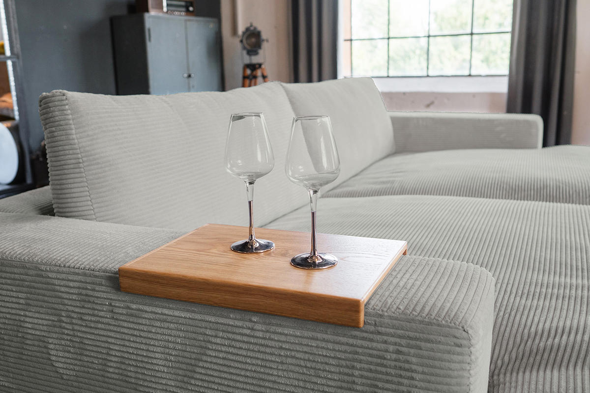 BIG SOFA-SET MIT TABLETT NATUR MADELINE Hellgrau Cord - Hellgrau/Schwarz, Kunststoff/Textil (290/85/170cm) - KAWOLA